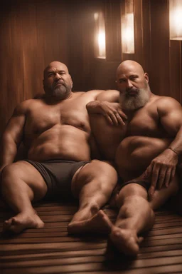 full body shot photography, two muscular chubby ugly burly marocan men , sweat, bulge, masculine hairy 45 year old man, bald, manly chest, curly beard ,big shoulders, big arms, big legs, bulge,, ambient occlusion , lying down sleeping in a steamy Sauna, super high resolution, 8k, dim light, side light, ultra hyper realistic, frontal view