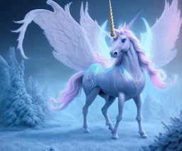 surreal illustration of a colors unicorn on princes frozen ground, realistic, surrealism, surreal unicorn with glowing wings, glowing soft and smooth wings, shadow, abstract surreal fantasy art, highly detailed, intricate patterns on wings, soft studio lighting, smooth dark blue background 64k