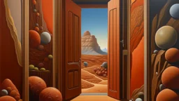 Surrealist painting depicting a landscape seen through a wide door. The door is in a thick, textured wall in reddish and brown tones, which occupies a significant portion of the composition. In the foreground, just beyond the door, is a collection of organic, rounded shapes that resemble rocks or even biological structures. These shapes are grouped together, creating a sense of depth and texture. They are colored in tones with subtle shading variations that suggest a soft, almost fleshy texture.