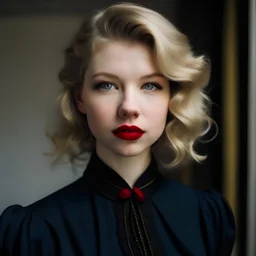 Young lady with short wavy blonde hair and bright lipstick in black historical clothing