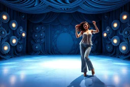 modern stage with gray-blue theme artistic decoration , color full dynamic lighting, a beautiful lady in pants and blouse with shining silver jewels dancing, 3D recursive fractal structure animating background