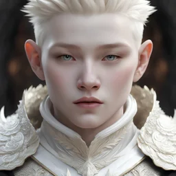 a close up of a person with white skin, digital art, by Russell Dongjun Lu, albino dwarf, reptilian, intense albino, in style of wlop, ivory carved ruff, maxim sukharev, boy with neutral face, ultra detailed content : face, gel spiked blond hair, beautiful detailed body and face