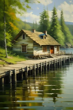english cottage, lake front, dock, daytime, painting