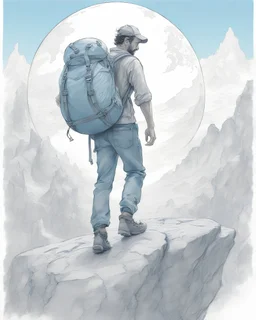 Drawing of a traveler man with backpack , walking on top of a big globe, drawing with a blue ink pen Inspired by the works of Daniel F. Gerhartz, with a fine art aesthetic and a highly detailed, realistic style