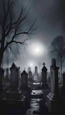 Scary gloomy foggy night cemetery in gray tones