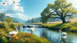 a beautiful river in country side with water falls and big tree,wild flowers and swans in river 2 pretty Deer with horns in plants,butterflies around flowers,heaven escape,some teen agers are dancing a fidller is playing violin
