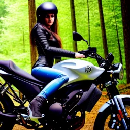 Very attractive woman sitting on a motorcycle. The bike is Yamaha. In the background is a forest. Realistic details. Photorealistic. 4K. Wide-angle lens.