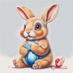 Picture, drawn with colored pencils, in the style of hyperrealistic animal illustrations, light amber and red, cartoon cute bunny with big eyes and long eyelashes, sitting with a pacifier in his mouth, wearing blue shorts, white background only