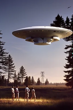 a group of school kids see a saucer shaped ufo::25 flying over tall pine trees, near a high voltage powerline with (three lights underneath) the year is 1966 in color, concept art, by Asaf Hanuka, by Weta Digital, Electric Colors, Screen Space Global Illumination, in a symbolic and meaningful style