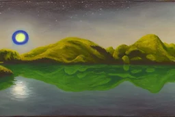 Alien landscape with one grey exoplanet in the horizon, pond, water reflection, rocky landscape, sci-fi, tendency to impressionism, realistic painting