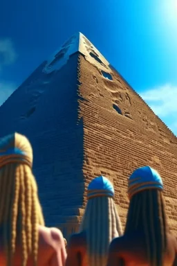 Egyptians with the hair standing straight up in front of Egyptian pyramid. 4k, down light, depth of field, trending art, spray paint, high detail, fantasy art