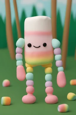 A rainbow marshmallow that has arms and legs and is in a green field with trees made of candy.