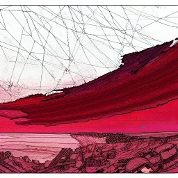  line Art coloured, destroyed, post apocalyptic, darkred tones,