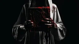 a faceless woman covered in blood holding up a black rectangular box