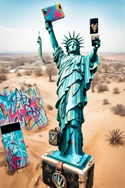 up-close digital image of the statue of liberty, covered in graffiti , holding a cellphone and taking a selfie while smiling,a Louis Vuitton bag over shoulder, standing alone In a deserted desert