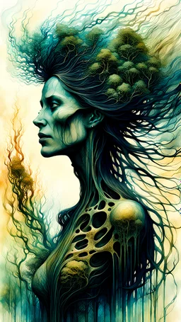 Zdzislaw Beksinski, and Peter Gric style ink wash and watercolor, full body illustration of a transcendent woman , highly detailed facial features, mixed to anatomical body view, visible plant like skeletal structure, wildly flowing hair, 8k octane, all in focus, clean face, no grain, ethereal, otherworldly concept art in vibrant natural colors