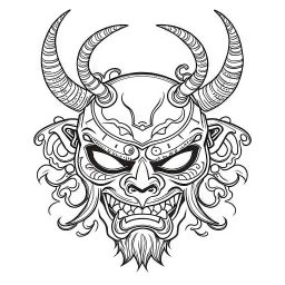 White, minimalis line art , oni mask japanes scarry, vector, white background, outline, with images neatly contained within the background, just black and white color,