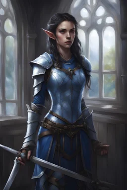 female elf, dark eyes, dark hair, beautiful, standing, near window, blue and white leather armor, rapier, photorealism