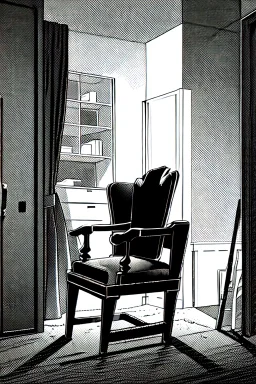 chair in the middle of an empty room, grayscale