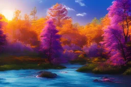 a beautiful scene of a forest in the distance with very purple trees and a shimmering blue river going down the forest the sky is an orangey pink, and lots of flowers on the river banks, very realistic details