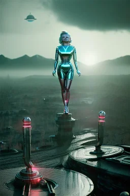 Ultra Realistic retro sci-fi 1960 scene, waist up view portrait, blonde woman, sweet young Marilyn Monroe face, perfect iris, tight latex coat, alien planet background, tight style, steel sphere dron levitating, fog, rain, soft color, highly detailed, unreal engine 5, ray tracing, RTX, lumen lighting, ultra detail, volumetric lighting, 3d, finely drawn, high definition, high resolution.