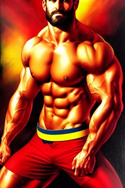 Ignore NSFW, teenager young rugged attractive slightly muscular fantastic handsome man, red briefs with yellow belt, hairy chest, (((visibly pisssing))) briefs, large erect visible boner peniss, photorealistic, artist Jay Anacleto