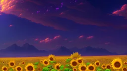purple sky full of stars, sunflower field, anime, high res, makoto shinkai