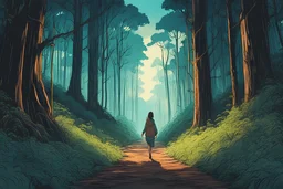 a lone woman trekking through a spirit haunted forest pierced by shafts of early evening light , art in the style of spirited away, studio ghibli, 8k , finely detailed and precise line work