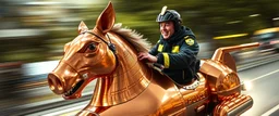 motion blur, close up, portrait of hippie Elon Musk absolutly riding an awesome police spaceship in copper, fast one in the shape of a horse pig eel snake dragon sphinx is half horse half pig, now its gonna do an awesome gig , bokeh like f/0.8, tilt-shift lens 8k, high detail, smooth render, down-light, unreal engine, prize winning