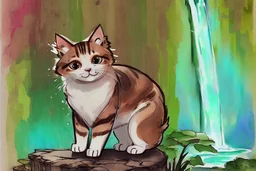 cute chibi cat in a restaurant double exposure waterfall in the forest watercolor and ink