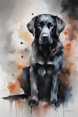 A portrait of black Labrador by Willem Haenraets, watercolor, wet on wet and splattering techniques, centered, perfect composition, abstraction, surrealism