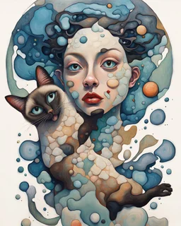 Abstract biomorphic mixed-media painting of woman with Siamese ca, caught in a dynamic off-balance pose inside [SCENERY]. Build the figures from irregular floating shape-cells, softly warped anatomy, oversized curious eyes, rounded mask-like faces, playful distorted proportions, and interlocking organic fragments that feel hand-cut and reassembled. Use pastels with translucent alcohol-ink blooms, watery pigment stains, dry watercolor edges, milky gradients, saturat