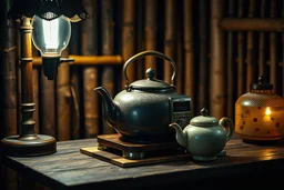 Surrealistic teapot + radio in one case, steampunk style, retro product advert, old bamboo and old cast iron stunning design, retro lamp, old oak shabby table, ceramic teapot, mystical night lighting highlights and emphasises all the smallest details of the image, bamboo background in dark colours. Detailed professional photo with perfect composition and white balance. Canon EOS R5