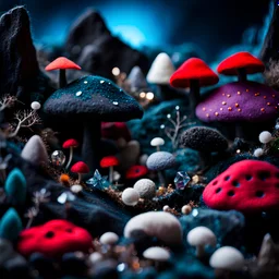 Close-up photograph of a spooky dark landscape made of felt, animals, fungi, crystals, mineral concretions, extreme detail, intricate, colours, Tim Burton, rich moody colors, sparkles, bokeh, 33mm photography
