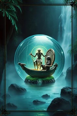 sacred geometry framed action figure card of a crucified alien necrophyte electric eel necromancer on round swamp transparent glass obcidian boat beholder eye wheel throne in a charged foggy jungle waterfall inside big water filled crystall ball, with withered filmgrain