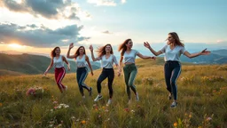 a group of Turkish young ladies in sports pants and blouse are dancing in high grassy hills,wild flowers ,cloudy sun set sky