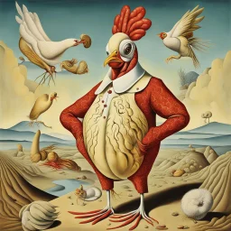 Enhanced surrealism, surreal manin bad chicken suit unzipping the front to reveal a rotisserie chicken, unregulated absurdity, by Desmond Morris and Kay Sage, mind-bending surreal image, classic surreal elements, by Salvador Dali