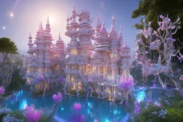 a magical crystal flower lys bougainvillier, blue gold house indian palace castle in the woods, magnolias pink,blue lake,sun,white swanns,pink vertical, blue lake,sharp, vines, candlelit, endor, ornate, elegant, highly detailed, artstation, concept art, smooth, sharp focus, illustration, 8k, splash art, wallpaper, key visual