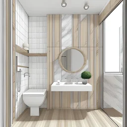 baño estilo nordico, que tenga piso de madera y que en la parte del lavadero tengo un detalle de madera y las paredes que sean de marmol