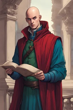 young adult man, bald with blue eyes, green renaissance clothes, red vest, blue cloak, reading a scroll, standing in a balcony, comicbook art style