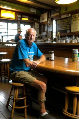 bAn innkeeper waits tables in a surfers' pub