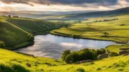 View in the Yorkshire Dales with beautiful clouds, late afternoon sunshine, stone walls, hills and valleys, river, calm, peaceful, tranquil