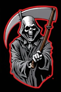 Grim-Reaper gripping scythe and pointing like uncle sam, vignette, black and white vector with a red outline, and black background, biker style