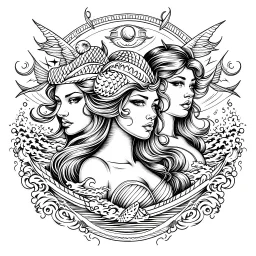 The beautiful sirens luring sailors to their doom., realistis tatto sketch style, white background, profesional tatto sketch.