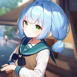 Clear focus, High resolution, short light blue hair, low twintails behind head, ribbion on twintail, straight long locks, green eyes, wearing a sailor uniform, wearing a sailor skirt, wearing a brown vest, cute, 1girl