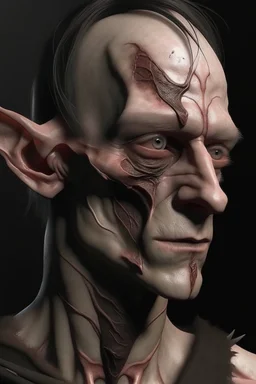 a dead half-elf, half of his face burned, a scar on his neck from an incision