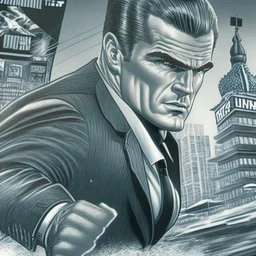 Sincity comic, siberian comunist james bond soviet running. Closeup.