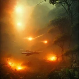 vietnam war. war report. napalm in jungle. bokeh. lens flare. warm lights. high detailed. beksinski