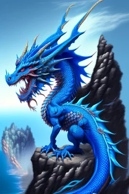 chinese blue dragon on top of fantasy cliff