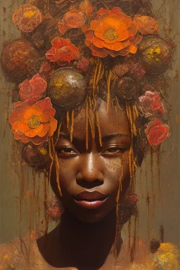 an abstract painting of rusted metal and flowers, african portrait, rust, scaffolding, iron cladding, decay, mixed media, textured, anatomically correct, beautiful perfect face, sharp focus, highly detailed